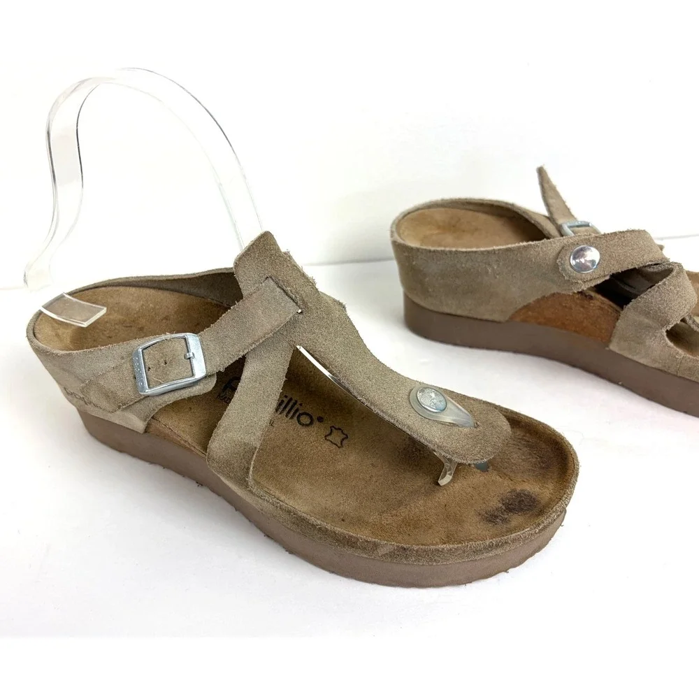Papillio Birkenstock Luna Wedge Platform Sandals 38 Taupe Suede Thong Buckle